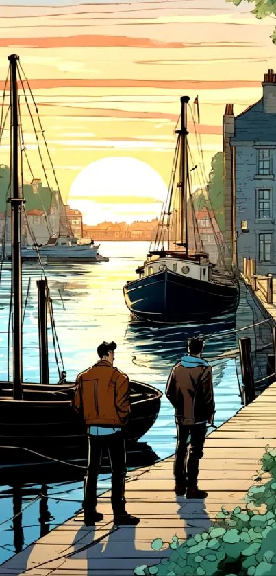 Artistic illustration of harbor at sunset with boats and vibrant colors.