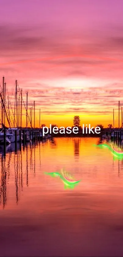 Sunset over harbor with boats reflecting in calm water.