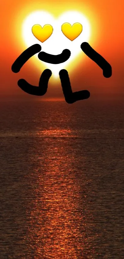 Vibrant sunset over ocean with artistic heart illustration.