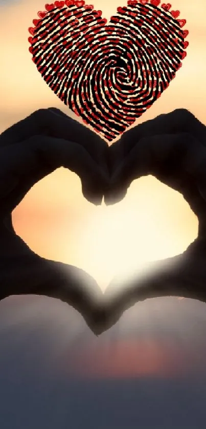 Heart silhouette at sunset with warm colors.