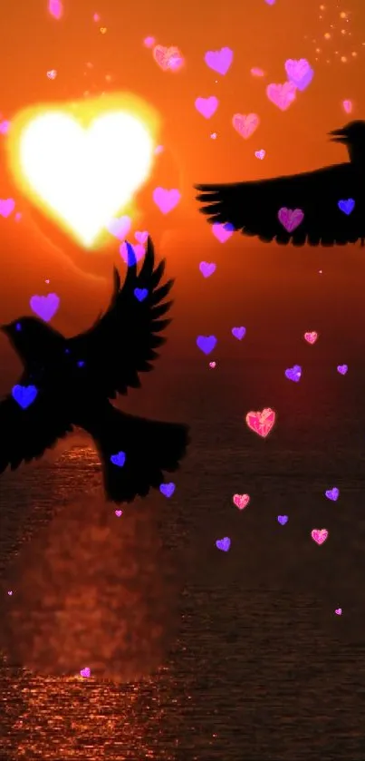 Silhouette of birds at sunset with colorful heart overlays.