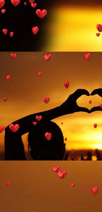 Silhouette heart against a sunset backdrop with floating red hearts.