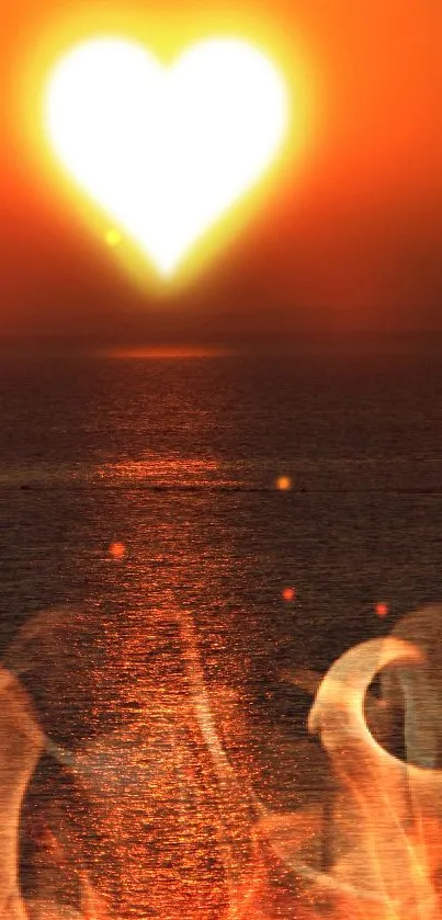 Heart-shaped sunset over ocean with vibrant orange hues.