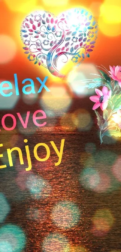 Vibrant sunset with heart and flowers, text: Relax, Love, Enjoy.