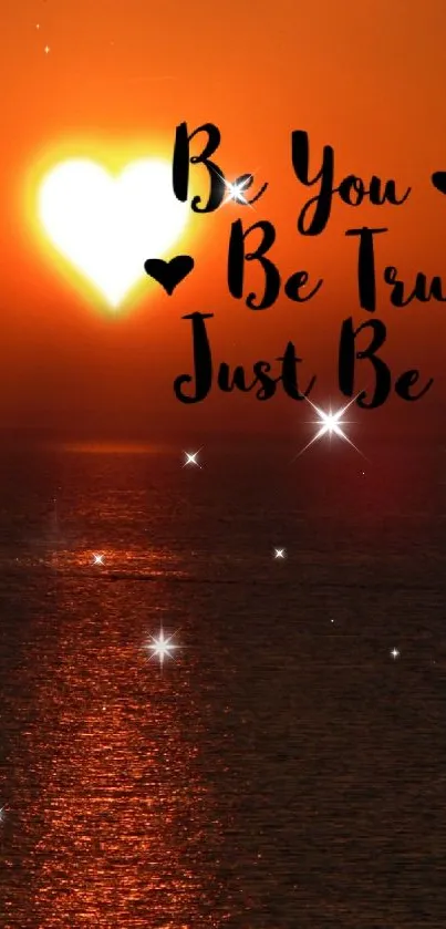 Heart-shaped sunset over ocean with motivational text.