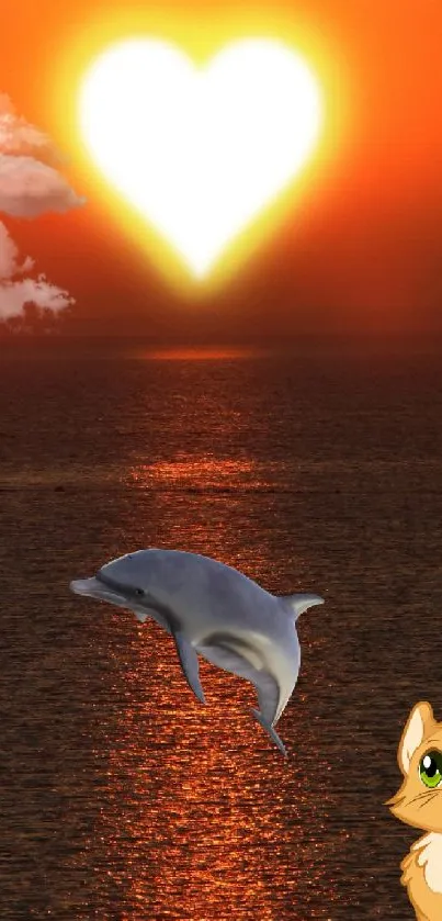 Sunset with heart-shaped sun, dolphin, and cute cat.