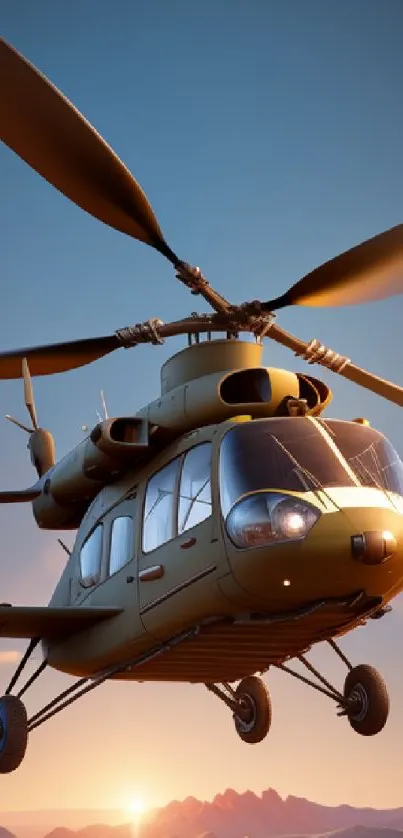 Helicopter flying during sunset with vibrant sky.