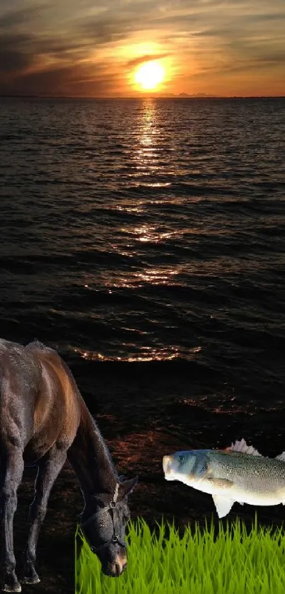 Horse and fish at sunset on a grassy shore.