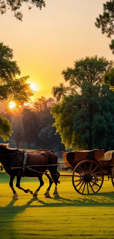 Horse carriage rides into sunset in lush green landscape.