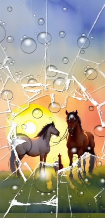 Horses against a sunset with artistic shattered glass effect.