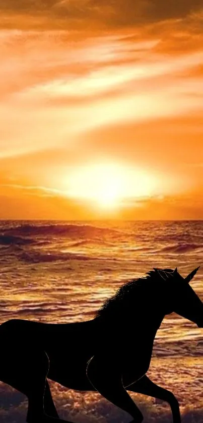 Horse silhouette against sunset over ocean wallpaper.