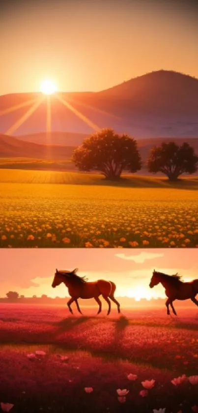 Sunset view with horses and blooming fields.