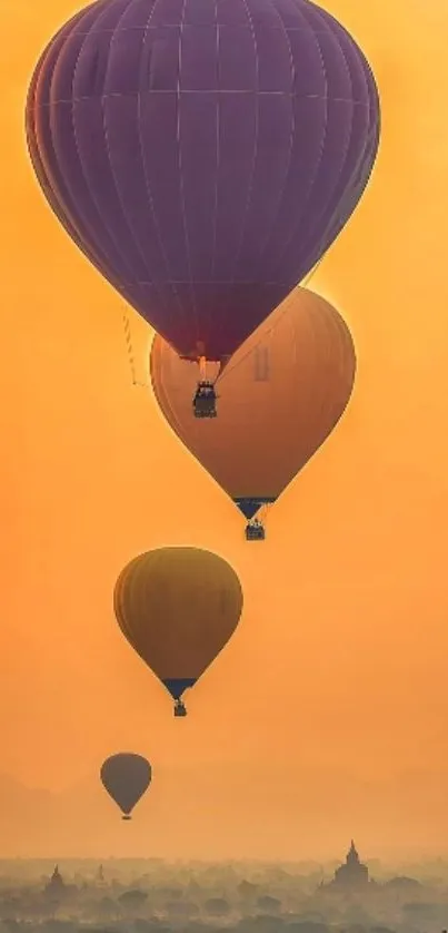 Hot air balloons float at sunset over a scenic landscape.