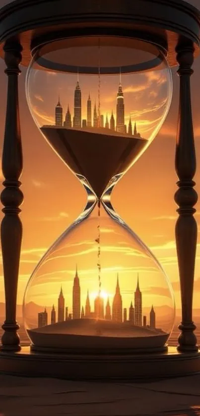 Hourglass reflecting skyline at sunset, creating a surreal urban landscape.