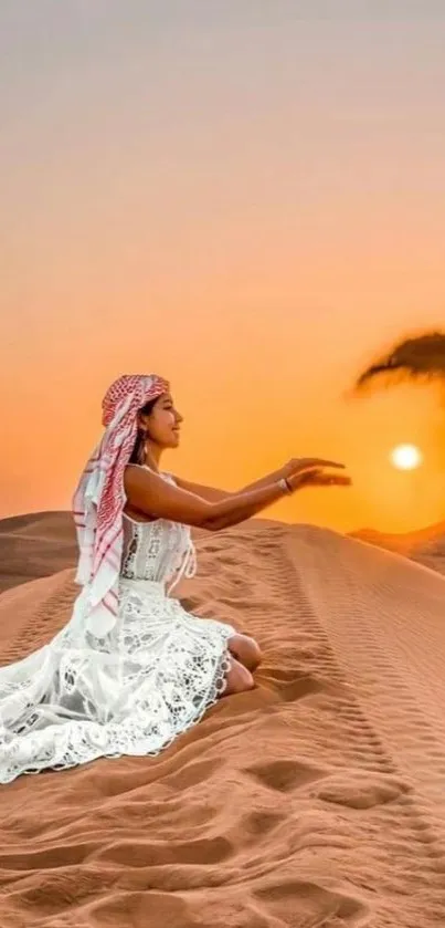 Woman meditates in desert at sunset, capturing tranquility.