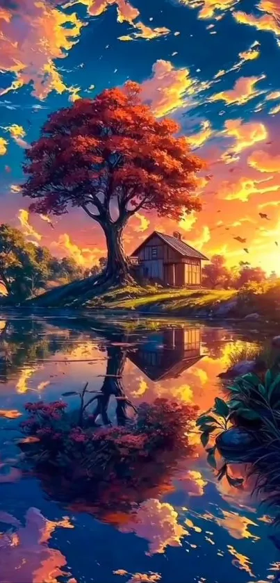 Peaceful island cottage at sunset with vibrant skies reflecting in water.