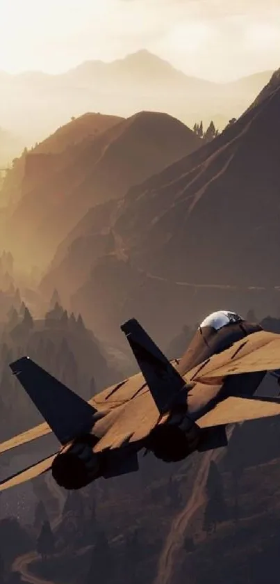 Fighter jet soaring over mountains at sunset, brown hues dominating the scenery.