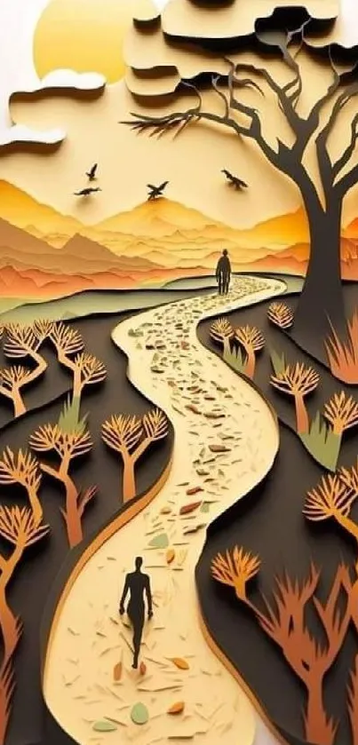 Vector art of a sunset journey with silhouettes on a winding path.