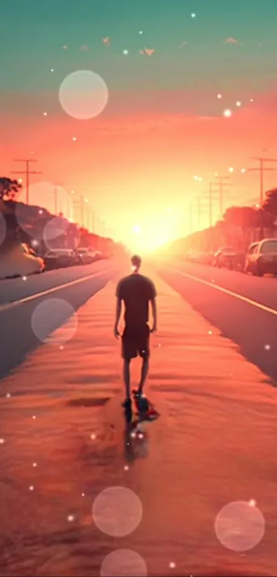 Silhouette of a person walking on a road during a vibrant sunset.