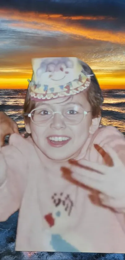 Joyful child with sunset beach background.