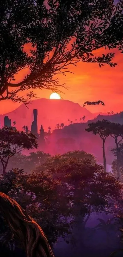 Vibrant sunset over jungle trees with a deep orange sky.