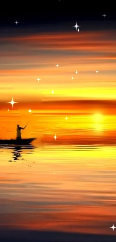 Kayak silhouette at sunset with sparkling stars and serene water reflection.