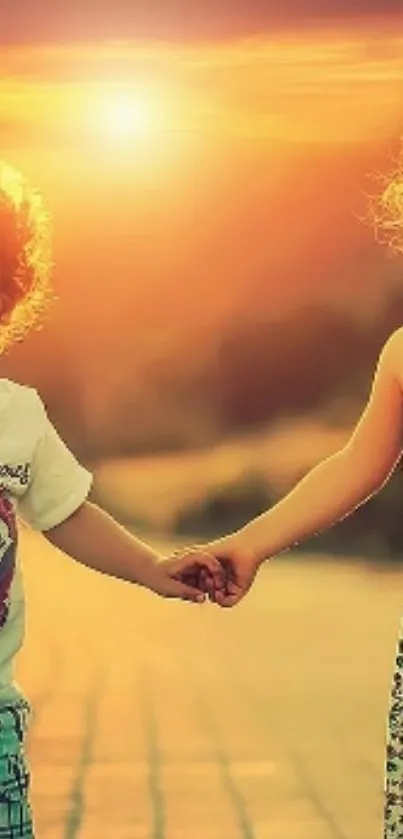 Children holding hands at sunset, vibrant wallpaper.