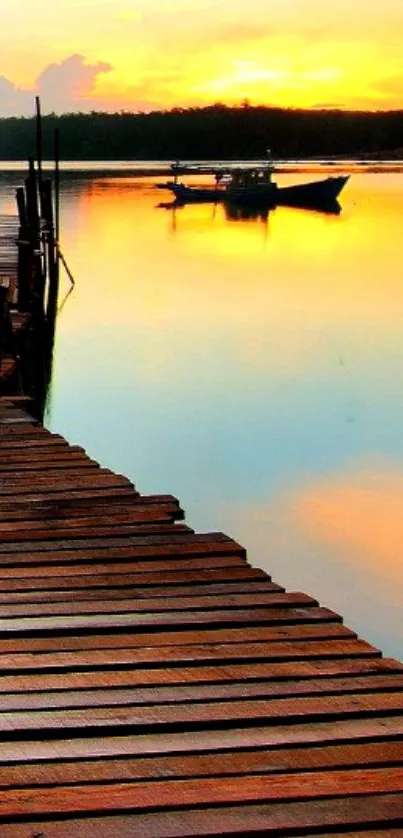 A serene sunset over a wooden dock reflecting on a calm lake.