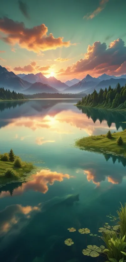 Sunset reflecting over a tranquil lake with mountains and clouds.