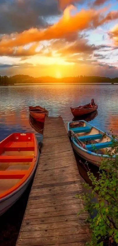 Serene sunset lake view with boats and pier wallpaper.