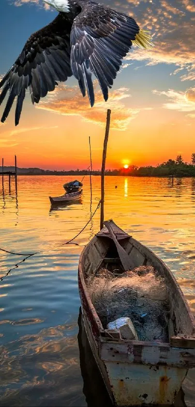 Eagle flying over a tranquil sunset lake with an old boat.