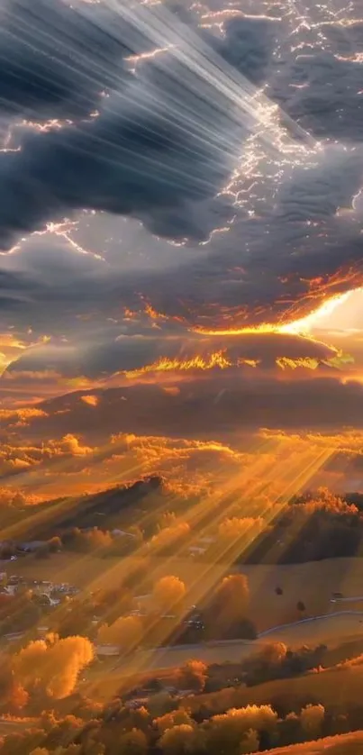 Golden sunset landscape with dramatic clouds.