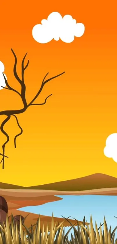 Vibrant sunset landscape with orange sky and silhouetted trees.