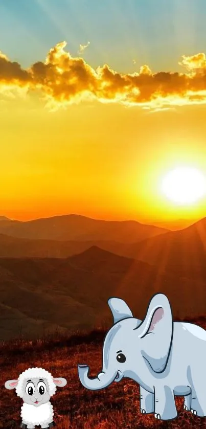 Cute cartoon elephant and lamb at sunset in a scenic mobile wallpaper.