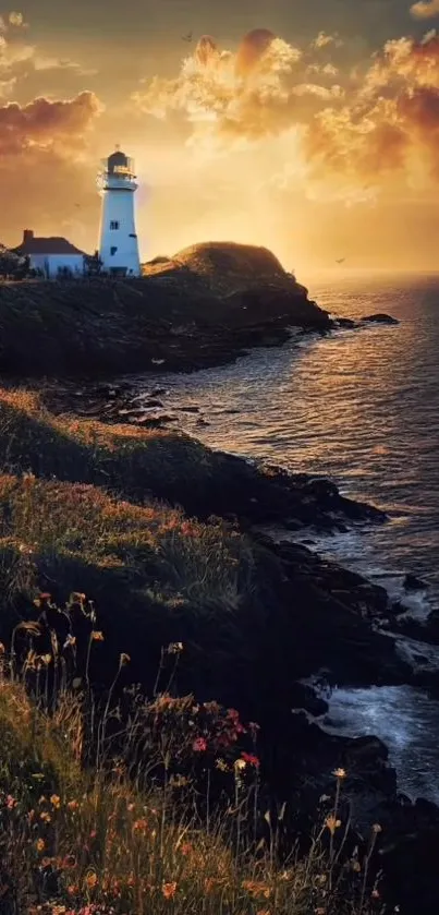 Sunset skyline with lighthouse on coast, capturing serene evening beauty.