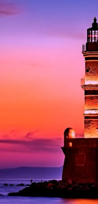 Mobile wallpaper of a lighthouse at sunset with vibrant purple and orange sky.