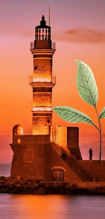 Lighthouse silhouette at sunset with artistic leaves.