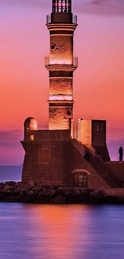 A lighthouse stands against a vibrant violet sunset, reflecting in ocean waters.