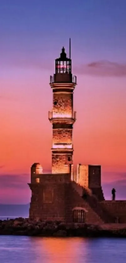 Lighthouse during sunset over a calm ocean.