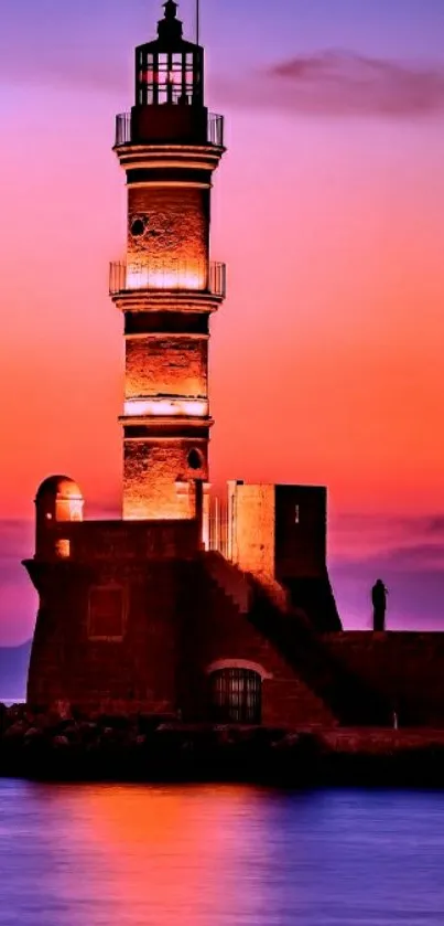 Lighthouse at sunset with vibrant purple and orange sky.