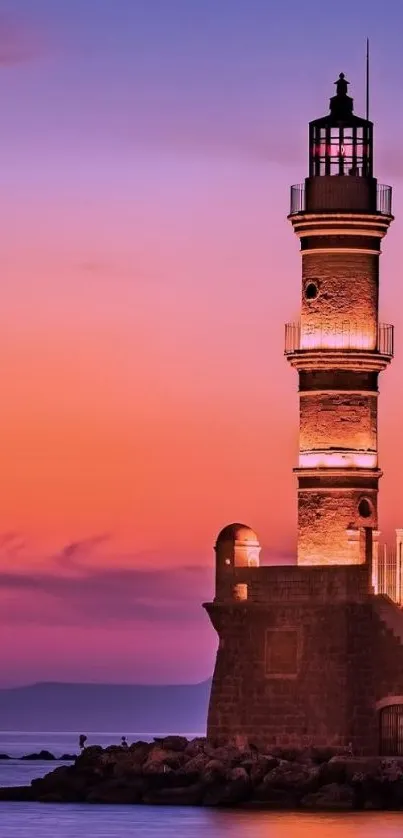 Lighthouse at sunset with a purple sky and calm ocean.