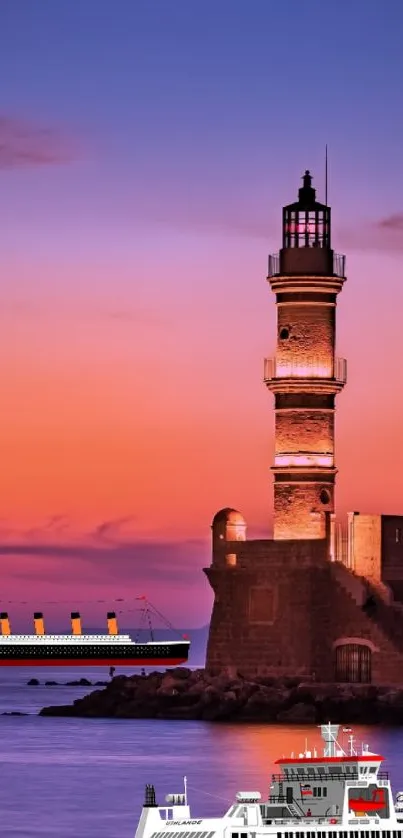 Lighthouse at sunset with ship and vibrant sky.