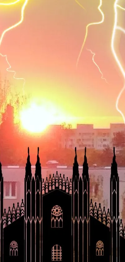 Gothic cathedral silhouette with sunset and lightning backdrop.