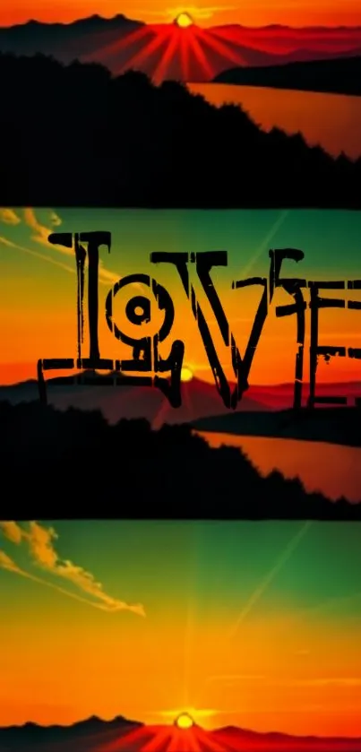 Colorful sunset with 'LOVE' graphic text overlay.
