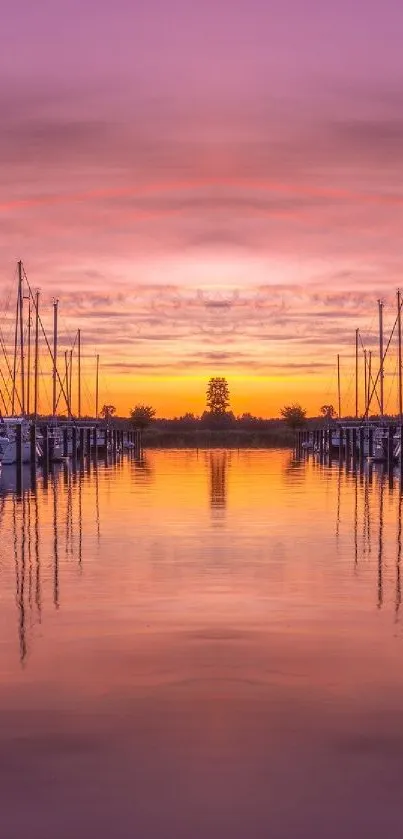 Purple and orange sunset over marina with boats reflected in calm waters.