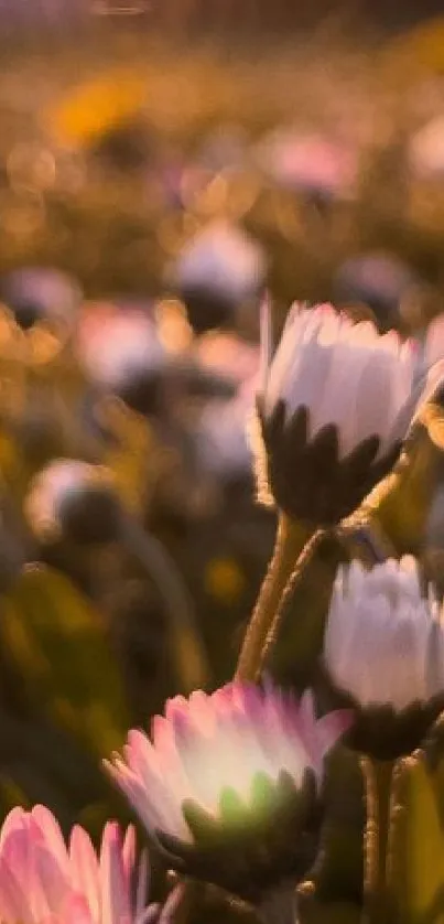 Sunset over a daisy meadow with warm hues.