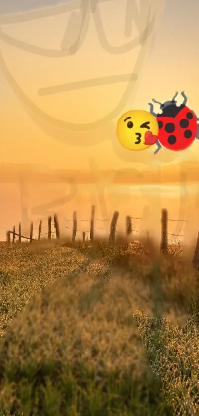 Serene sunset meadow with cute emoji and ladybug on a warm yellow background.