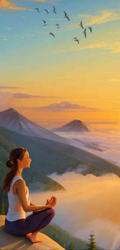 Woman meditating at sunset with mountains and clouds in the background.