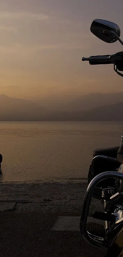 Motorcycle at a scenic lakeside during sunset, showcasing a serene landscape.