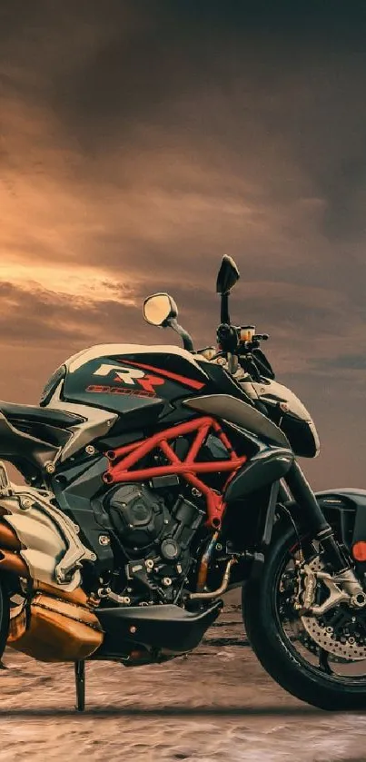 Motorcycle parked by the seaside at stunning sunset.